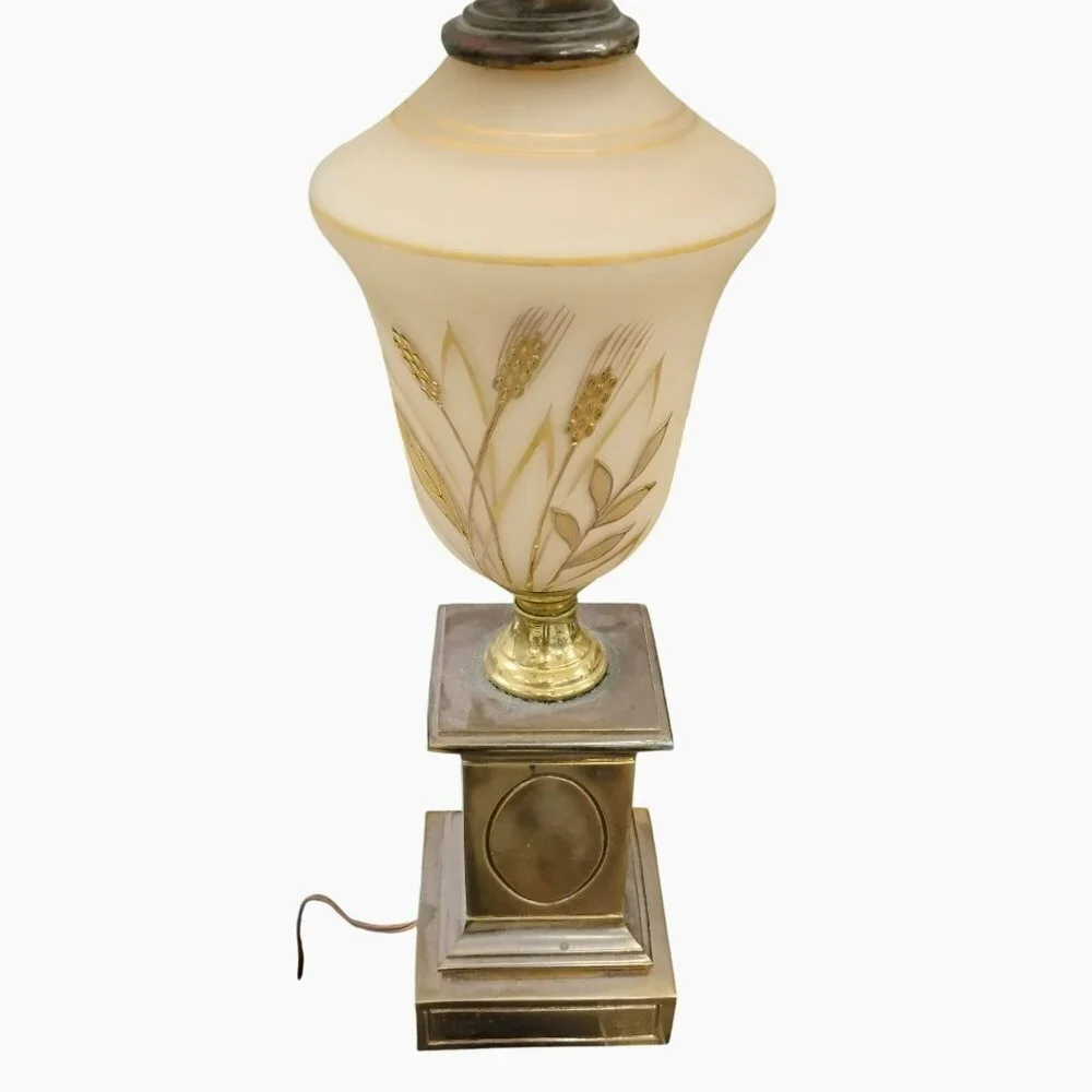 Antique Cream Satin Glass Table Lamp, Hand Painted Gold Wheat, Brass Base, 28